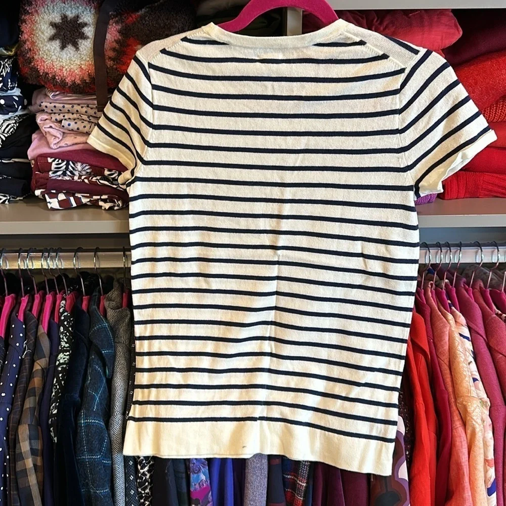 J Crew off white short sleeve navy striped with embellishments sweater XS NWT